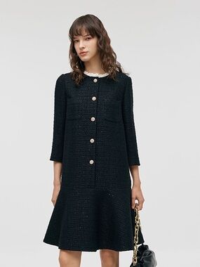 Goelia Tweed A-Line Ruffle Collared Women Midi Dress